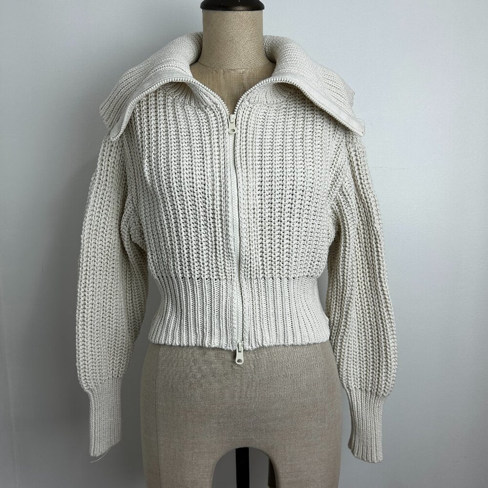 Aerie Sweater Double Zip Chunky Cropped Cotton Knit Cream Ivory Small